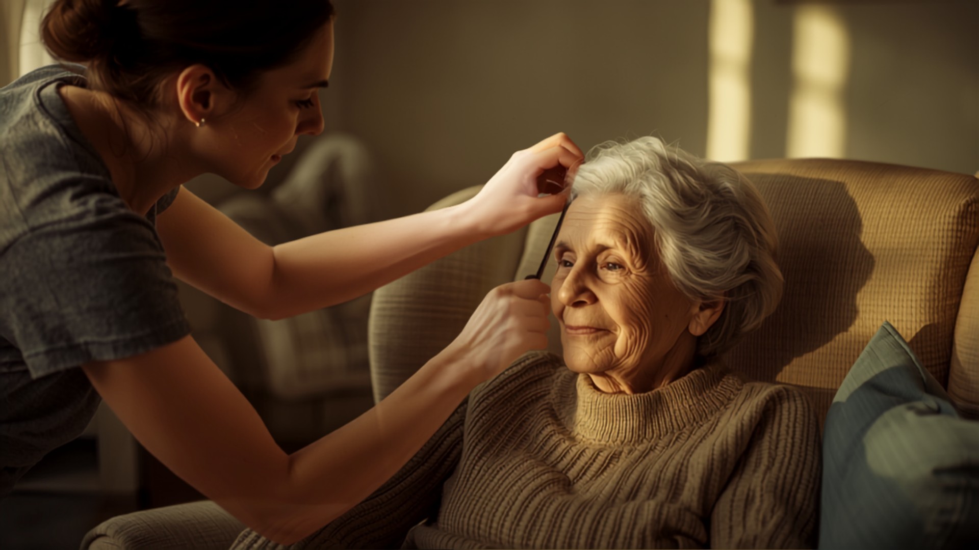 Mujer peinando con cariño a su madre anciana dependiente