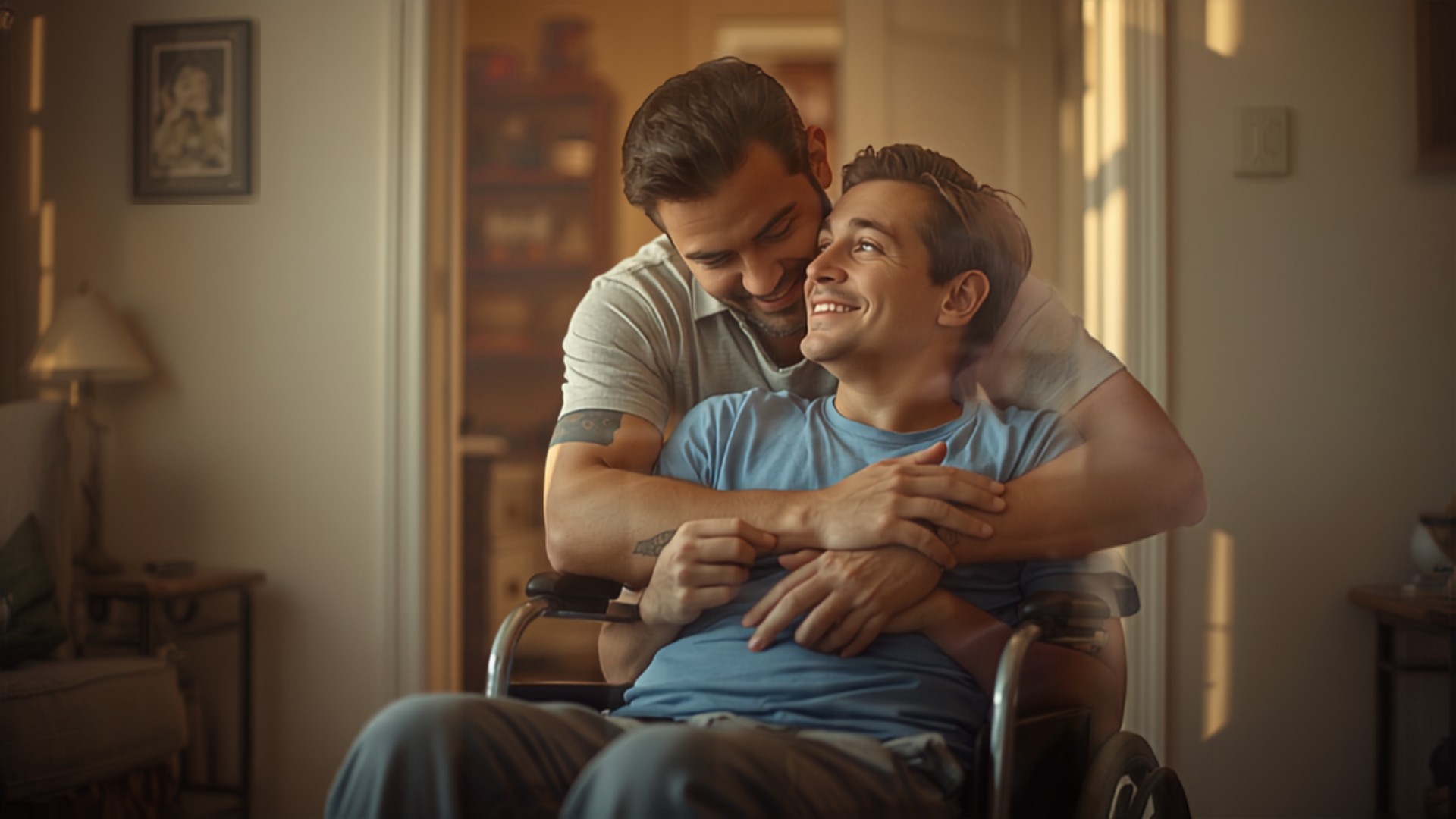 Padre abrazando con ternura a su hijo dependiente en silla de ruedas